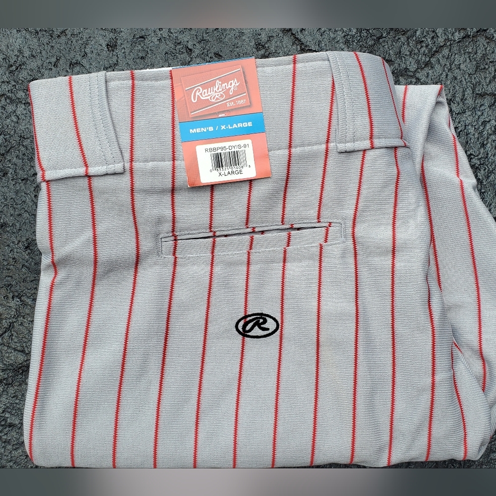 Rawlings Mens Long Gray Baseball Pants, Gray with Red Stripes - XL  New with Tag